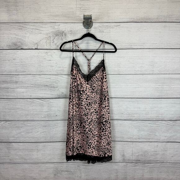 Joyspun Plus Size Pink Black Printed Sleeveless Lace Trim Sleep Satin Chemise 3X - Picture 1 of 8